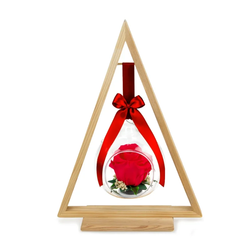 Glass Ball Frame czerwona stabilizowana róża w szklanej bańce w drewnianej ramie